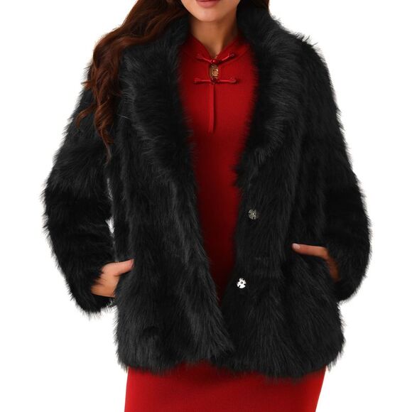 Pockets Lapel Shaggy Warm Winter Overcoat Fluffy Jackets Black - Picture 1 of 5